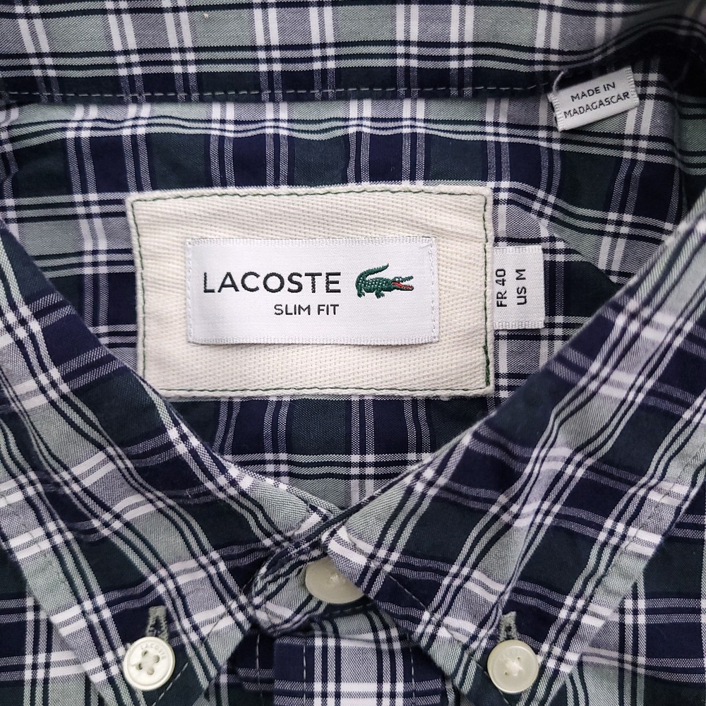 Lacoste Mens M 40 Slim Fit Green Blue Plaid Oxford Button Down Croc Logo - Picture 2 of 11